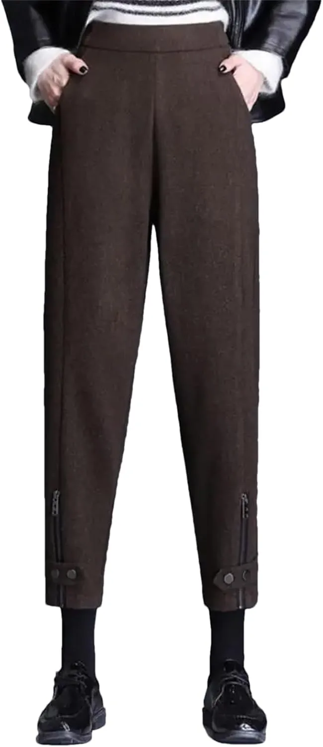 Women Office Zipper Wool Pencil Pants Slim Thicken Elastic Waist Solid Warm Harem Trousers