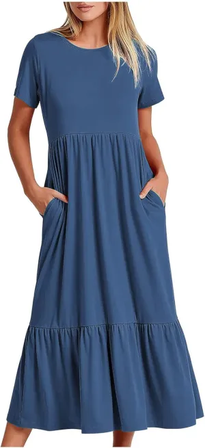 Women Short Sleeve Midi Dresses Summer Casual Dress Ruffle Swing Flowy Sundress Mid Calf T Shirt with Pocket
