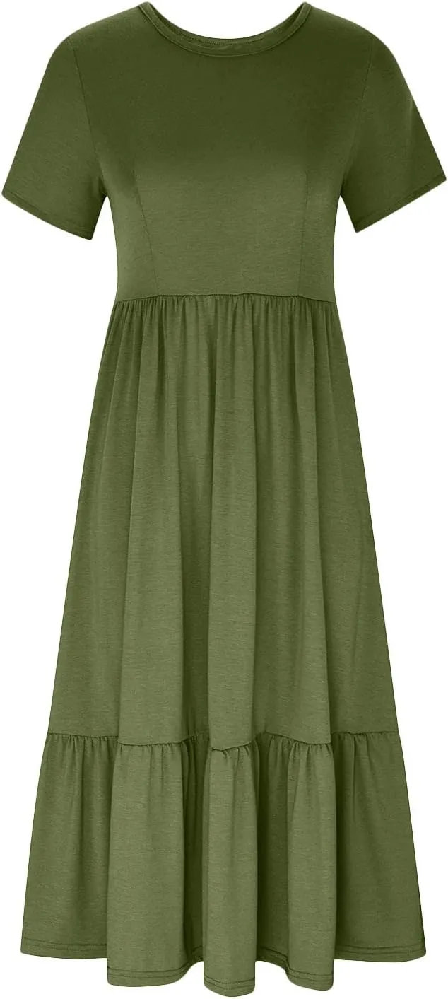 Women Short Sleeve Midi Dresses Summer Casual Dress Ruffle Swing Flowy Sundress Mid Calf T Shirt with Pocket
