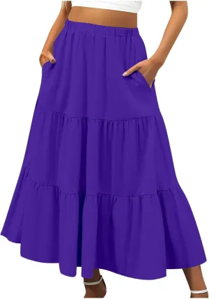 Women Summer Boho Flowy Swing Tiered A-Line Midi Skirt 2025 Fashion Elastic Waist Pleated Long Beach Dress with Pocket