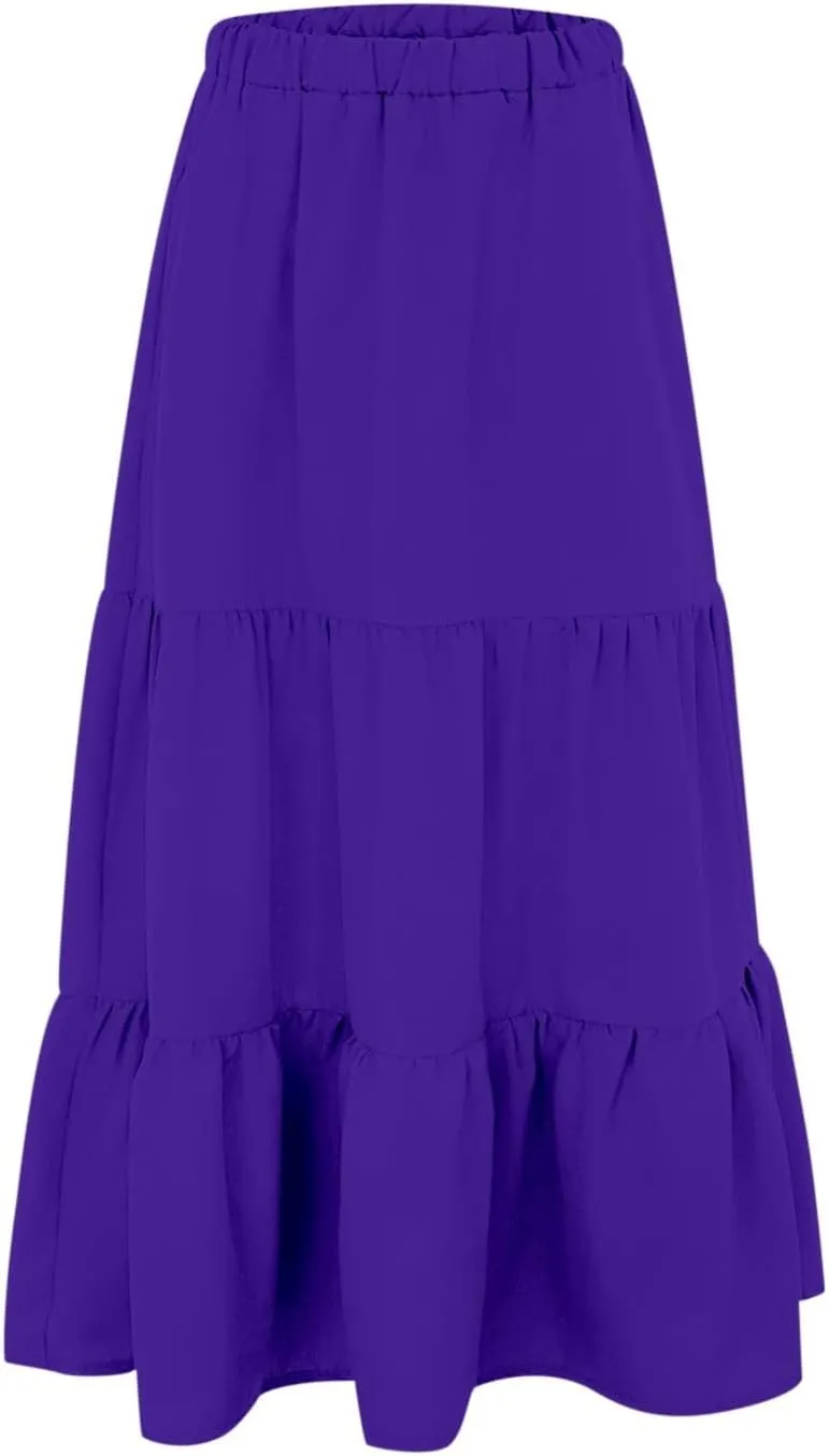 Women Summer Boho Flowy Swing Tiered A-Line Midi Skirt 2025 Fashion Elastic Waist Pleated Long Beach Dress with Pocket