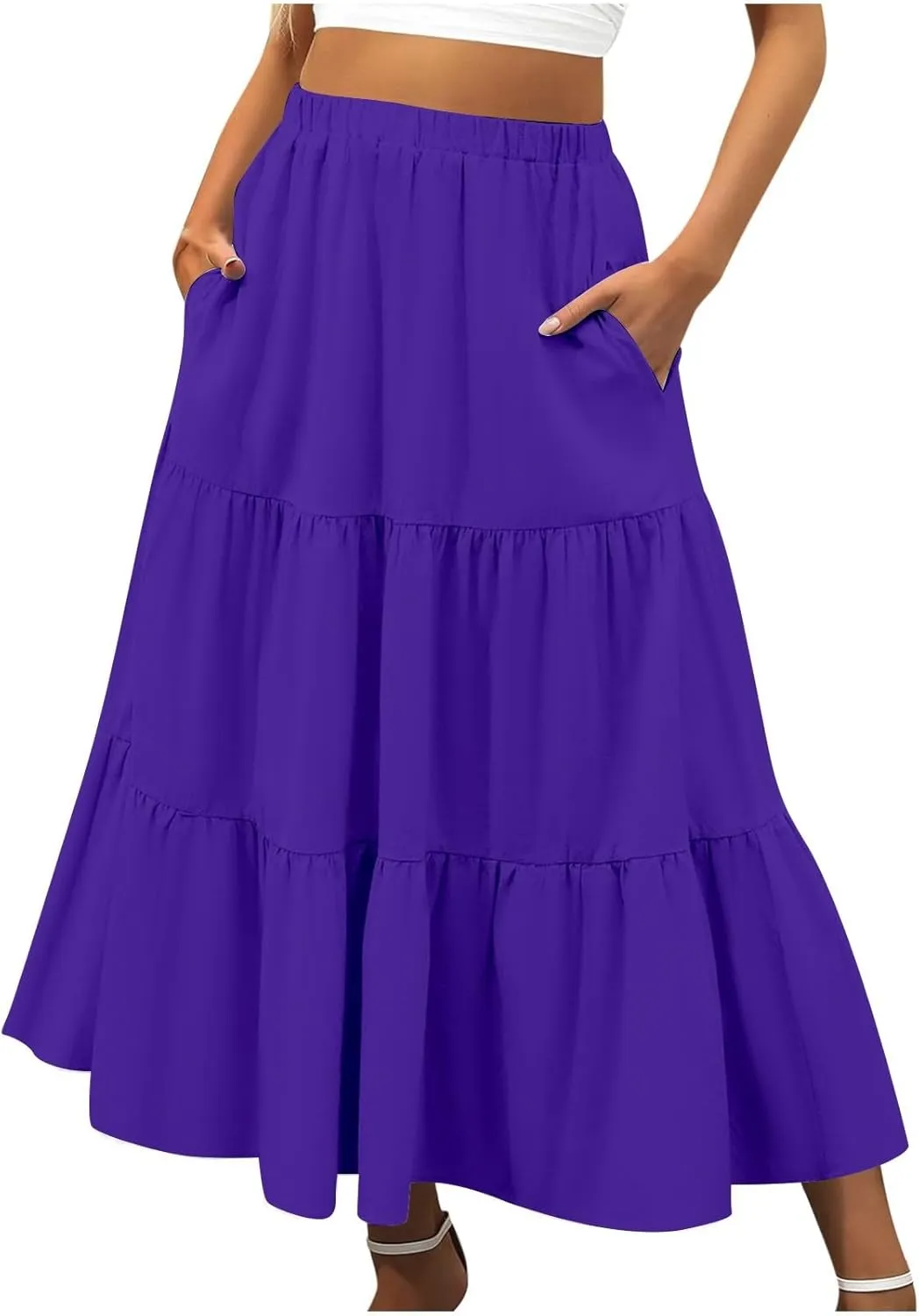 Women Summer Boho Flowy Swing Tiered A-Line Midi Skirt 2025 Fashion Elastic Waist Pleated Long Beach Dress with Pocket