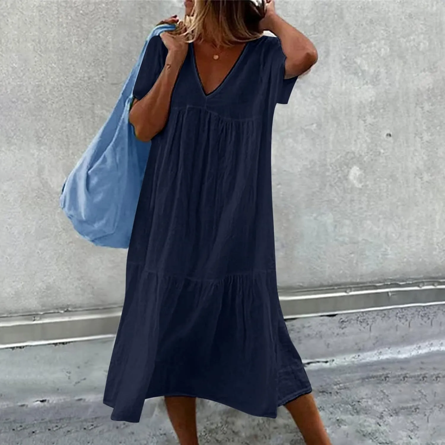 Women Summer Casual Dresses Short Sleeve V Neck Midi Tshirts Dress Flowy Tiered Beach Vacation Sundress 2024 Outfits