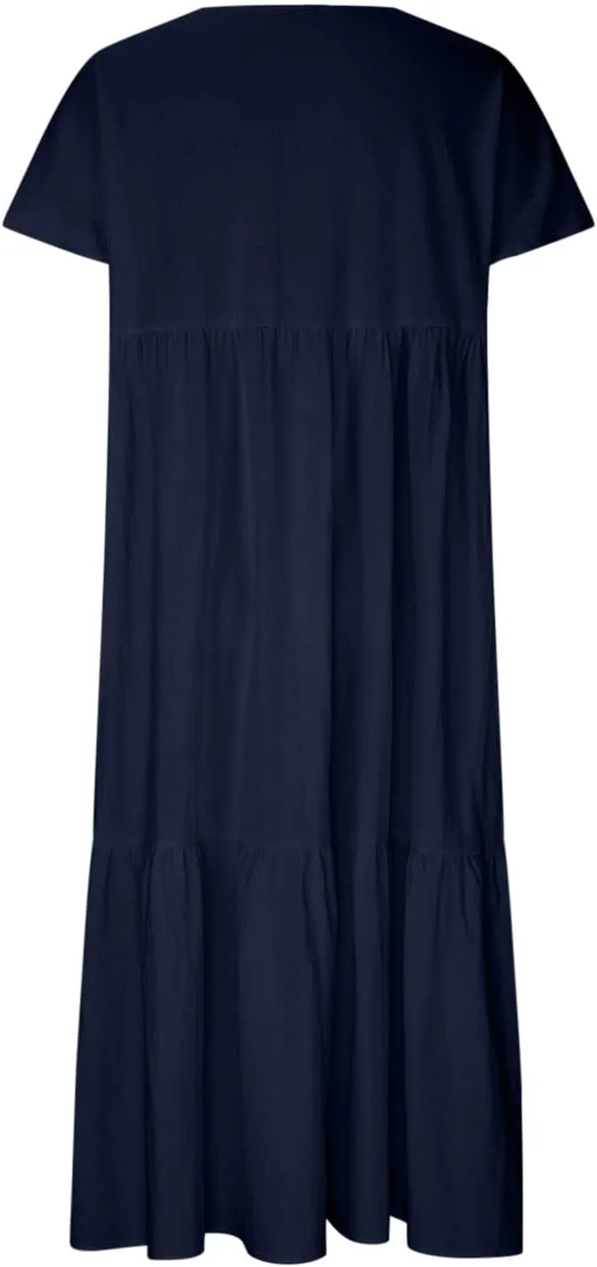 Women Summer Casual Dresses Short Sleeve V Neck Midi Tshirts Dress Flowy Tiered Beach Vacation Sundress 2024 Outfits