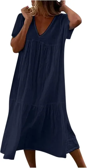 Women Summer Casual Dresses Short Sleeve V Neck Midi Tshirts Dress Flowy Tiered Beach Vacation Sundress 2024 Outfits