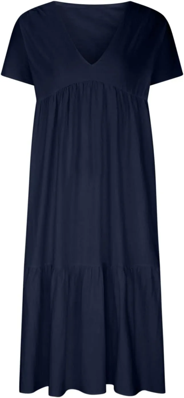 Women Summer Casual Dresses Short Sleeve V Neck Midi Tshirts Dress Flowy Tiered Beach Vacation Sundress 2024 Outfits