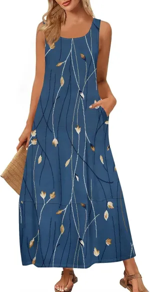 Women Summer Dresses 2025 Casual Round Neck Maxi Dress Sleeveless Floral Sundresses Beach Loose Tank Dress with Pockets