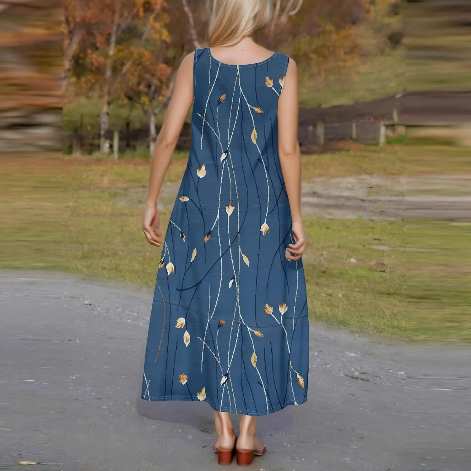Women Summer Dresses 2025 Casual Round Neck Maxi Dress Sleeveless Floral Sundresses Beach Loose Tank Dress with Pockets