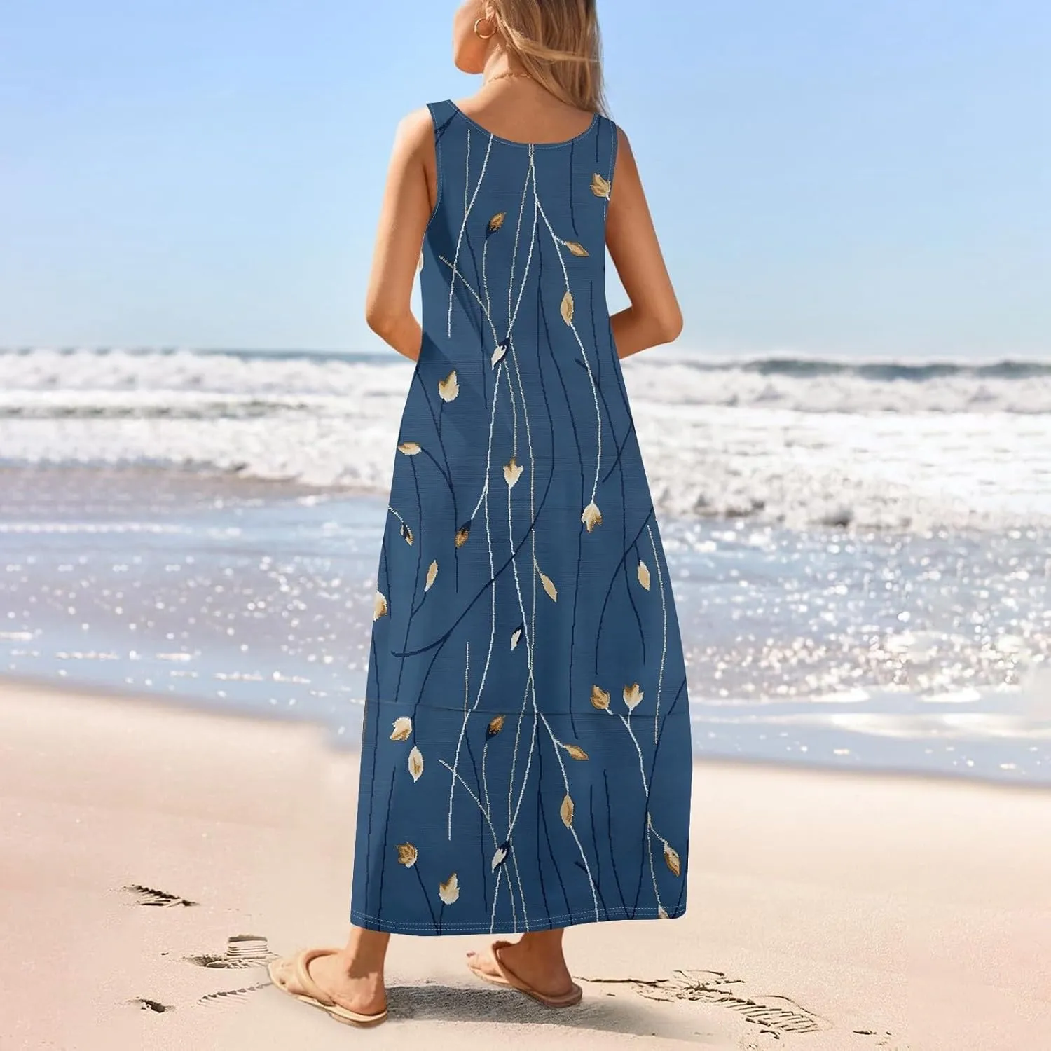 Women Summer Dresses 2025 Casual Round Neck Maxi Dress Sleeveless Floral Sundresses Beach Loose Tank Dress with Pockets