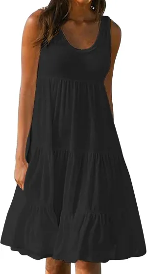 Women Summer Dresses Plus Size Casual Sleeveless Boho Midi Dress Crewneck Ruffle Tiered Swing Beach Vacation Dress