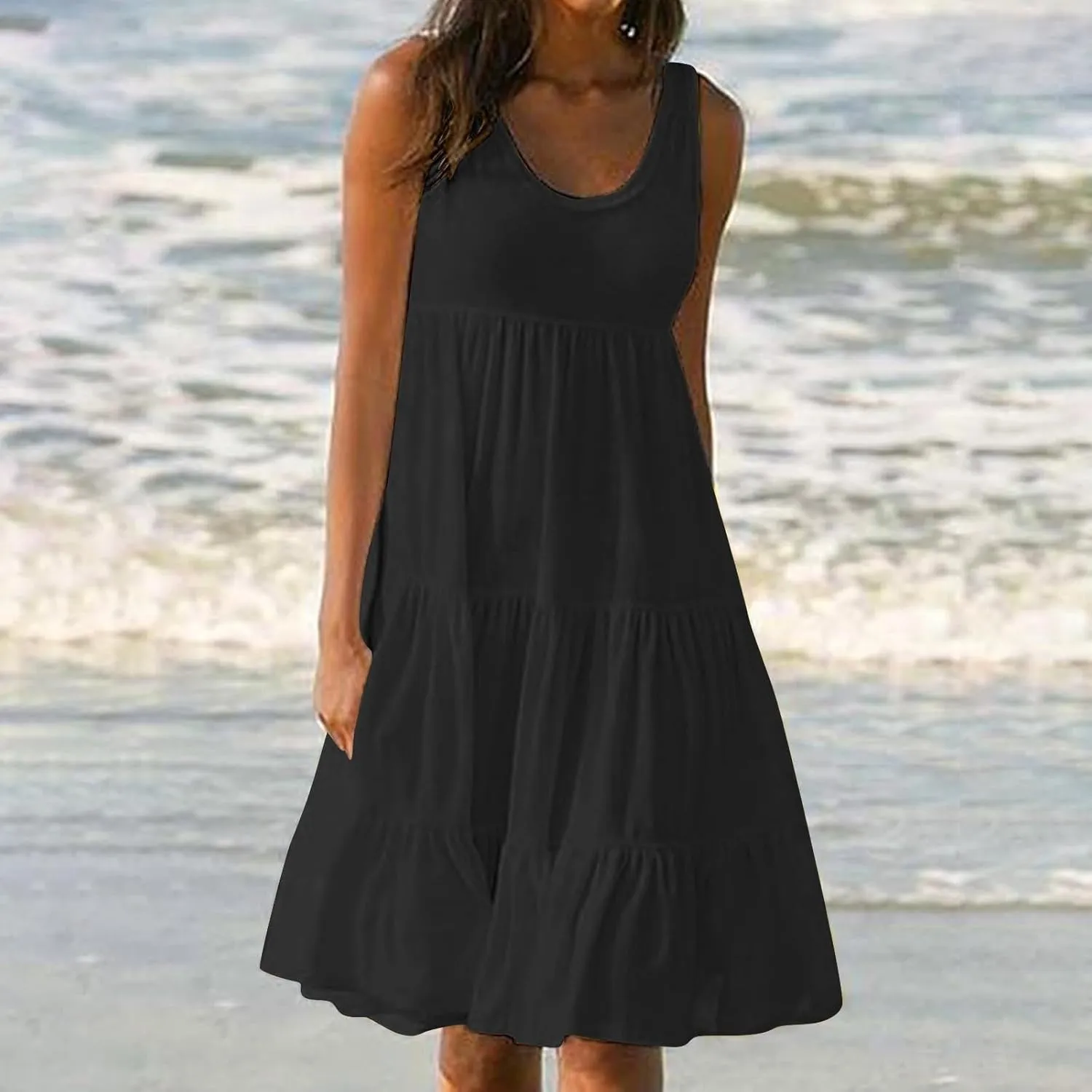 Women Summer Dresses Plus Size Casual Sleeveless Boho Midi Dress Crewneck Ruffle Tiered Swing Beach Vacation Dress