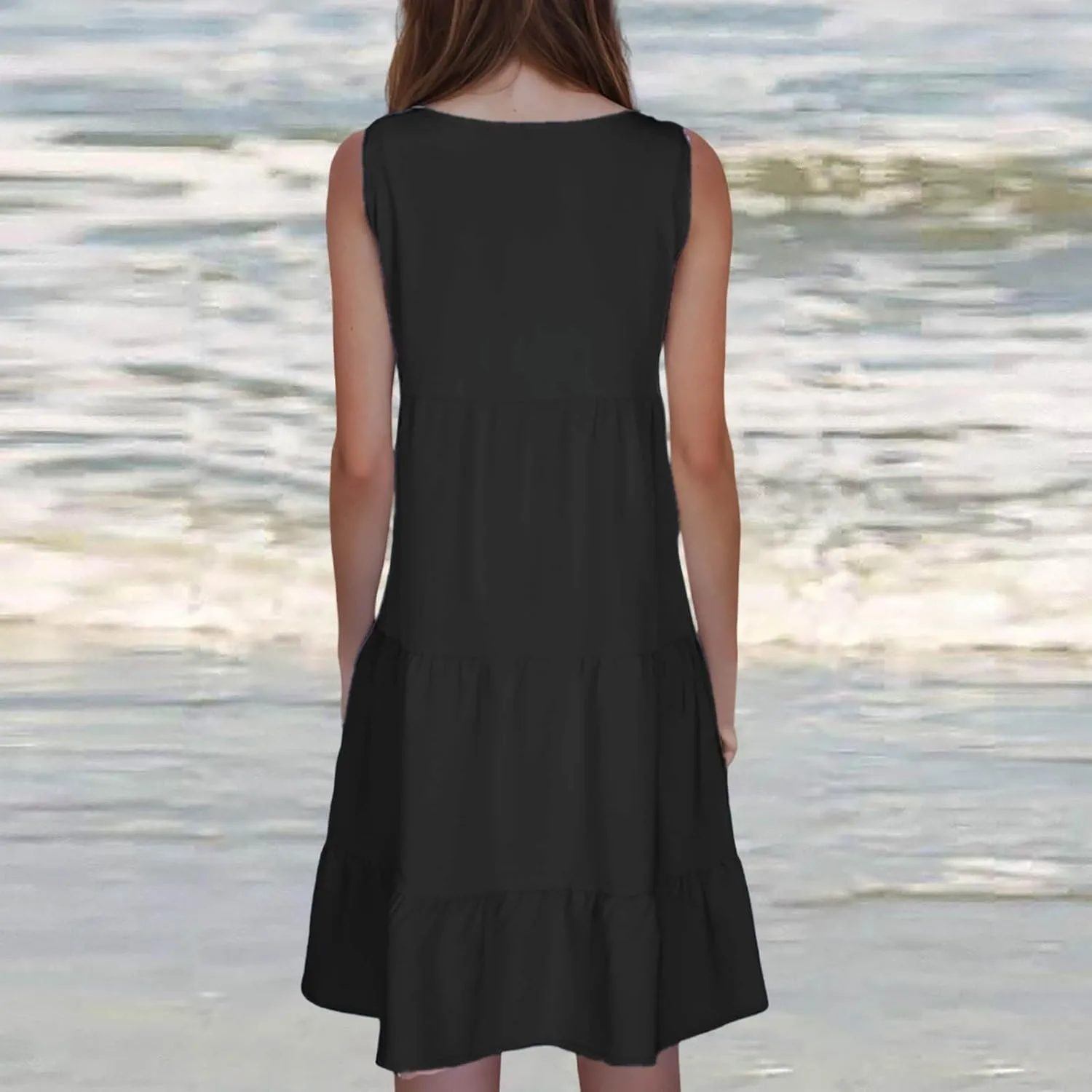 Women Summer Dresses Plus Size Casual Sleeveless Boho Midi Dress Crewneck Ruffle Tiered Swing Beach Vacation Dress