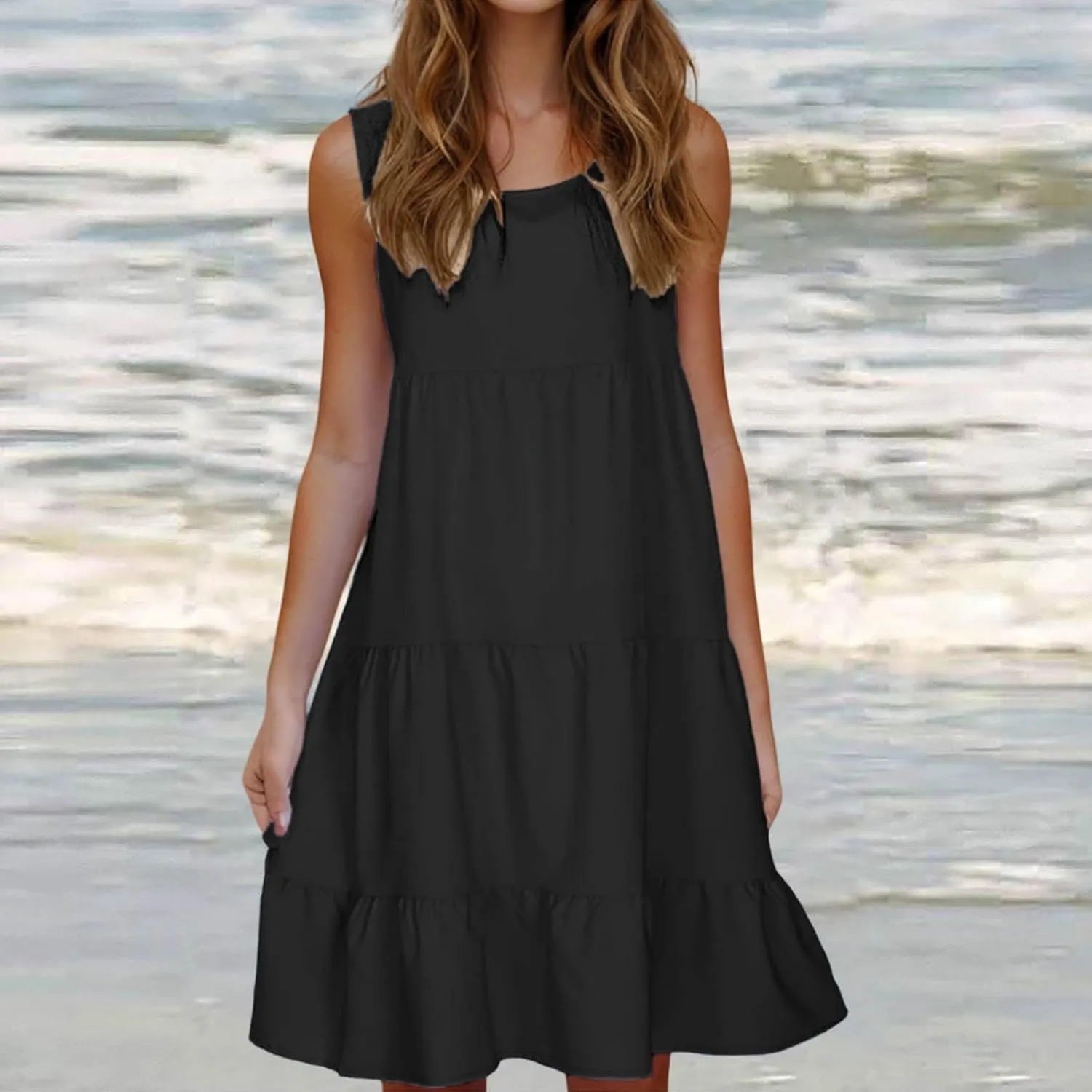 Women Summer Dresses Plus Size Casual Sleeveless Boho Midi Dress Crewneck Ruffle Tiered Swing Beach Vacation Dress
