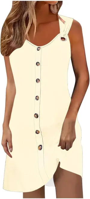 Women Summer Dresses Scoop Neck O-Ring Shoulder Sleeveless Button Tank Sundress 2025 Casual Beach A-Line Mini Dress