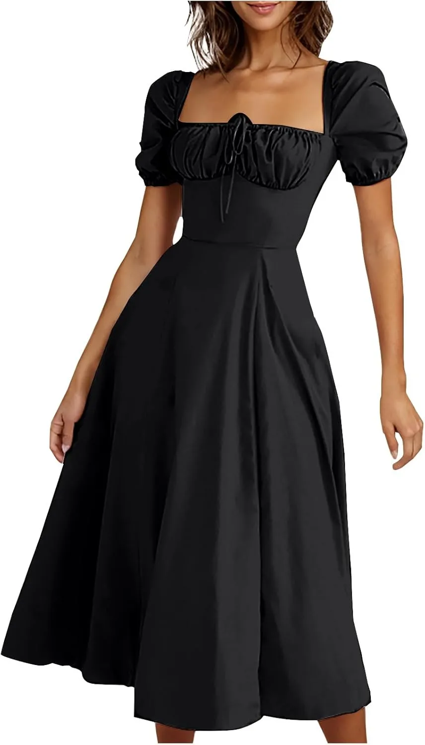 Women Summer Puff Sleeve Maxi Dress Elegant Off The Shoulder Flowy A Line Dress Casual Split Party Long Dresses 2025