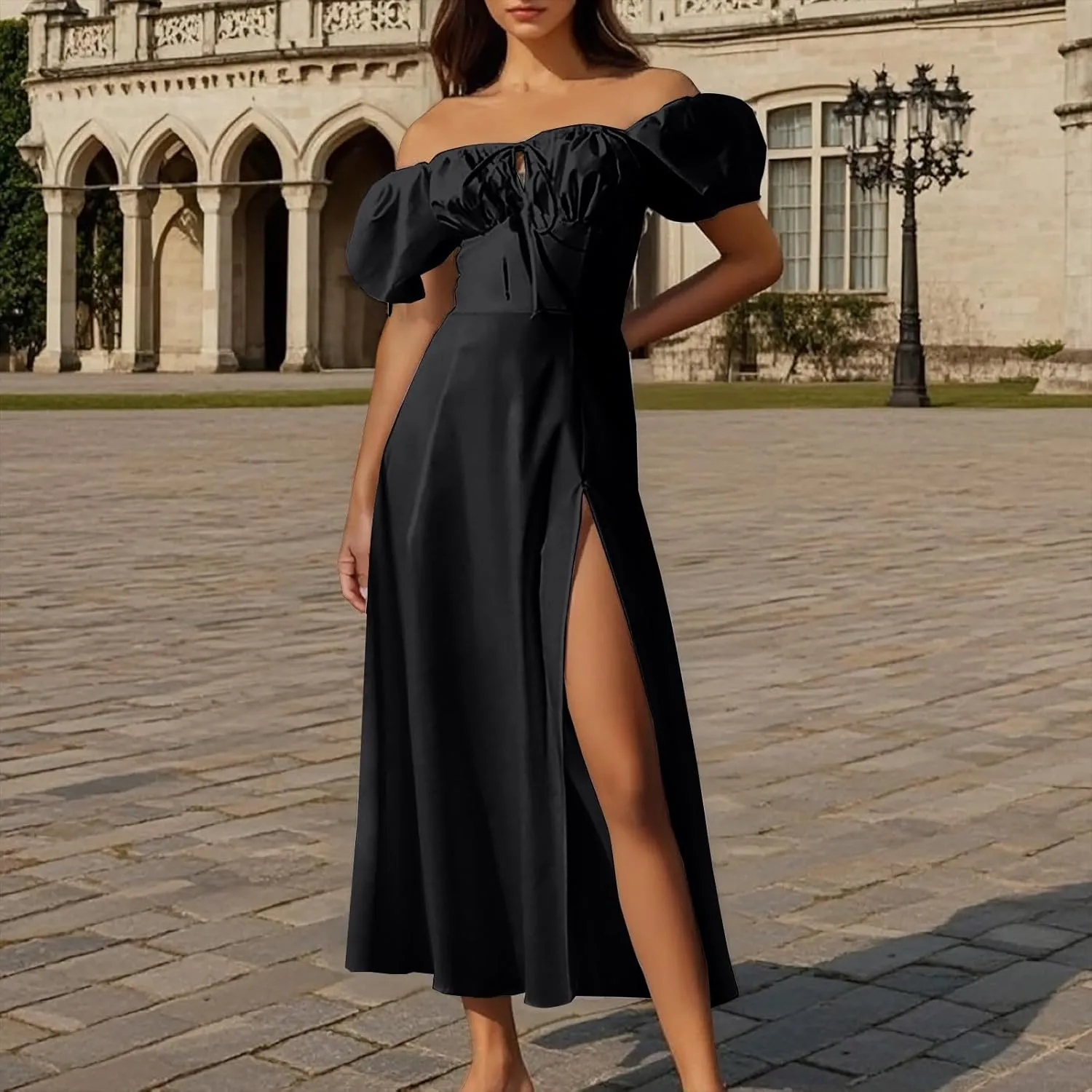 Women Summer Puff Sleeve Maxi Dress Elegant Off The Shoulder Flowy A Line Dress Casual Split Party Long Dresses 2025
