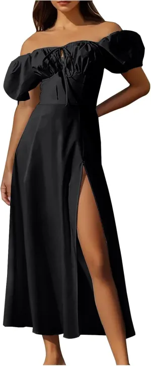 Women Summer Puff Sleeve Maxi Dress Elegant Off The Shoulder Flowy A Line Dress Casual Split Party Long Dresses 2025