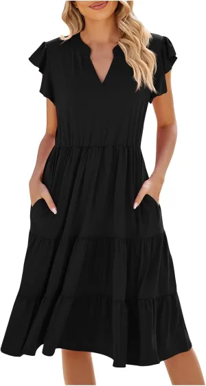 Women V Neck Summer Dresses Classy A-Line Ruffle Sundress Cap Sleeve Casual Midi Dress 2024 Vacation Sundresses