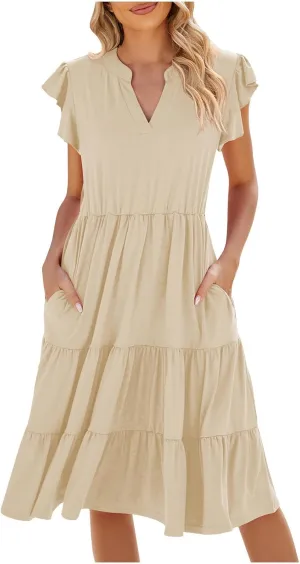 Women V Neck Summer Dresses Classy A-Line Ruffle Sundress Cap Sleeve Casual Midi Dress 2024 Vacation Sundresses