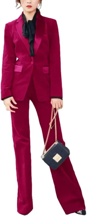 Women's 2 Pieces Velvet Suit Office Work Notch Lapel One Button Jacket Pants Business Casual Tuxedos Set