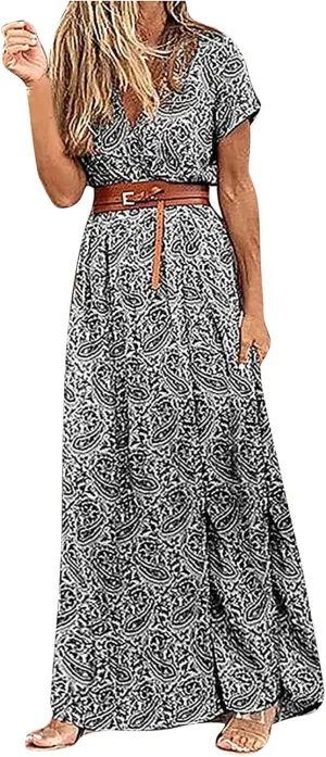 Women's 2025 Summer Boho Dresses Floral Short Sleeve Maxi Dress Sexy V Neck Swing Dress Slit Long Dresses Sundresses