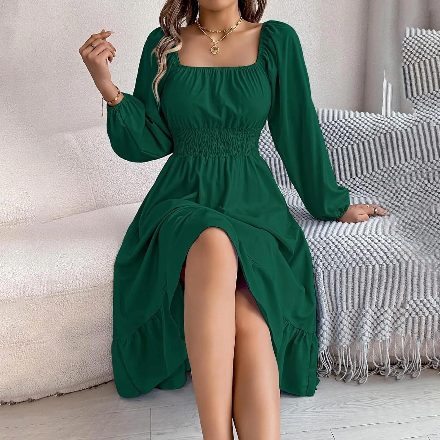 Women's 2025 Summer Casual Midi Dress Lantern Long Sleeve Square Neck Smocked Waist Ruffle Hem A-Line Flowy Dresses