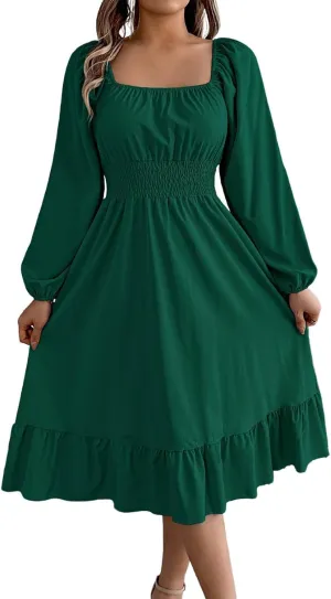 Women's 2025 Summer Casual Midi Dress Lantern Long Sleeve Square Neck Smocked Waist Ruffle Hem A-Line Flowy Dresses