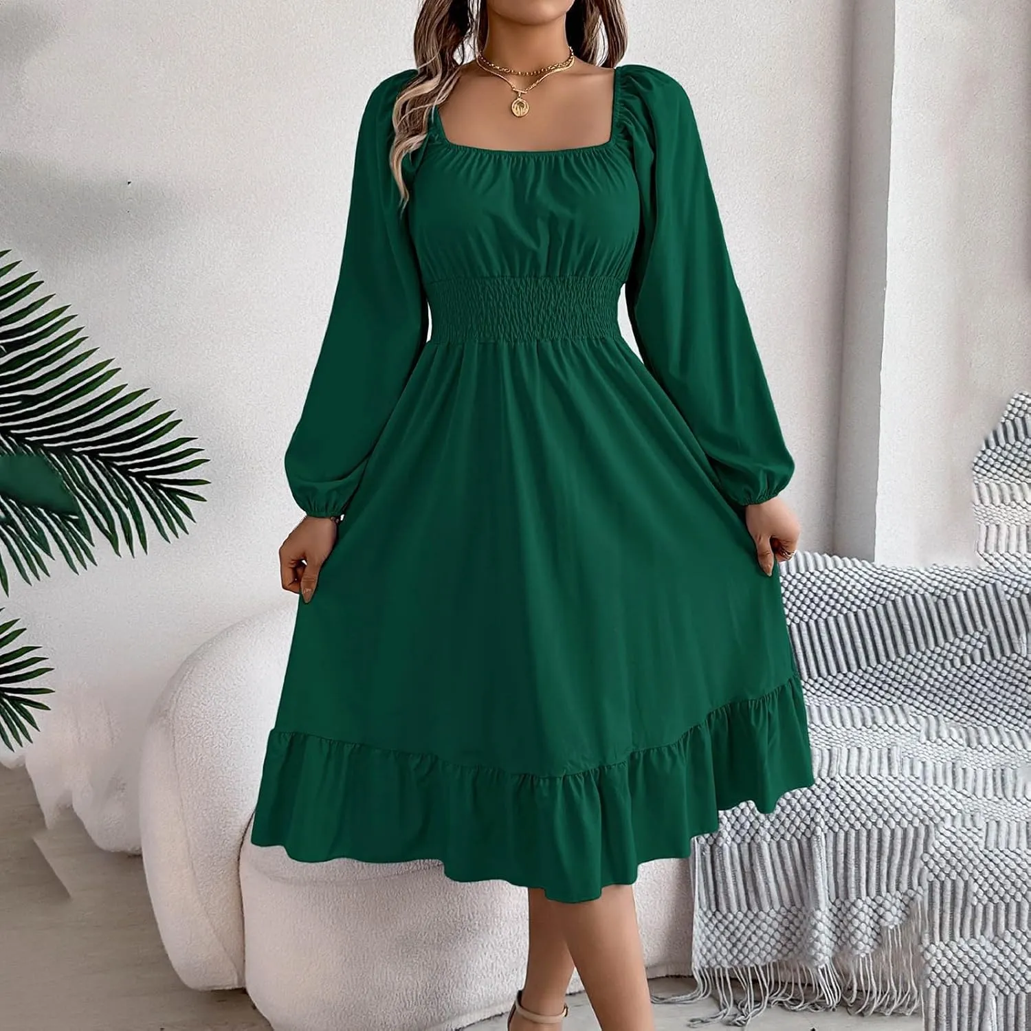 Women's 2025 Summer Casual Midi Dress Lantern Long Sleeve Square Neck Smocked Waist Ruffle Hem A-Line Flowy Dresses