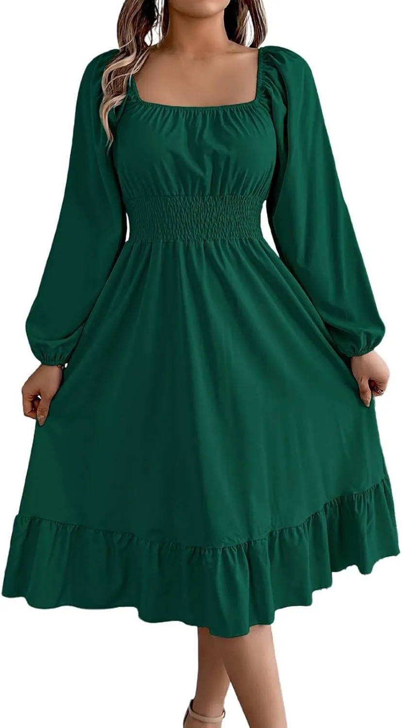 Women's 2025 Summer Casual Midi Dress Lantern Long Sleeve Square Neck Smocked Waist Ruffle Hem A-Line Flowy Dresses