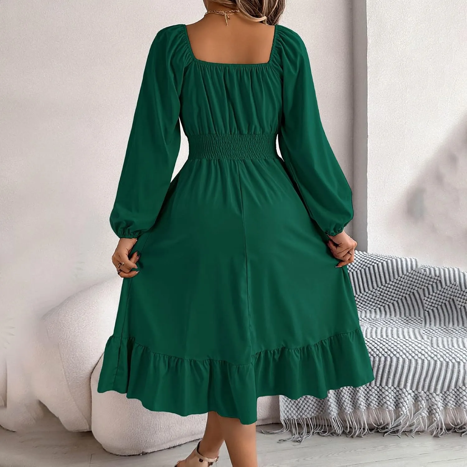 Women's 2025 Summer Casual Midi Dress Lantern Long Sleeve Square Neck Smocked Waist Ruffle Hem A-Line Flowy Dresses