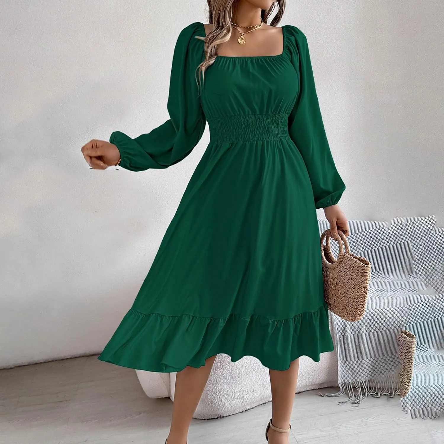 Women's 2025 Summer Casual Midi Dress Lantern Long Sleeve Square Neck Smocked Waist Ruffle Hem A-Line Flowy Dresses