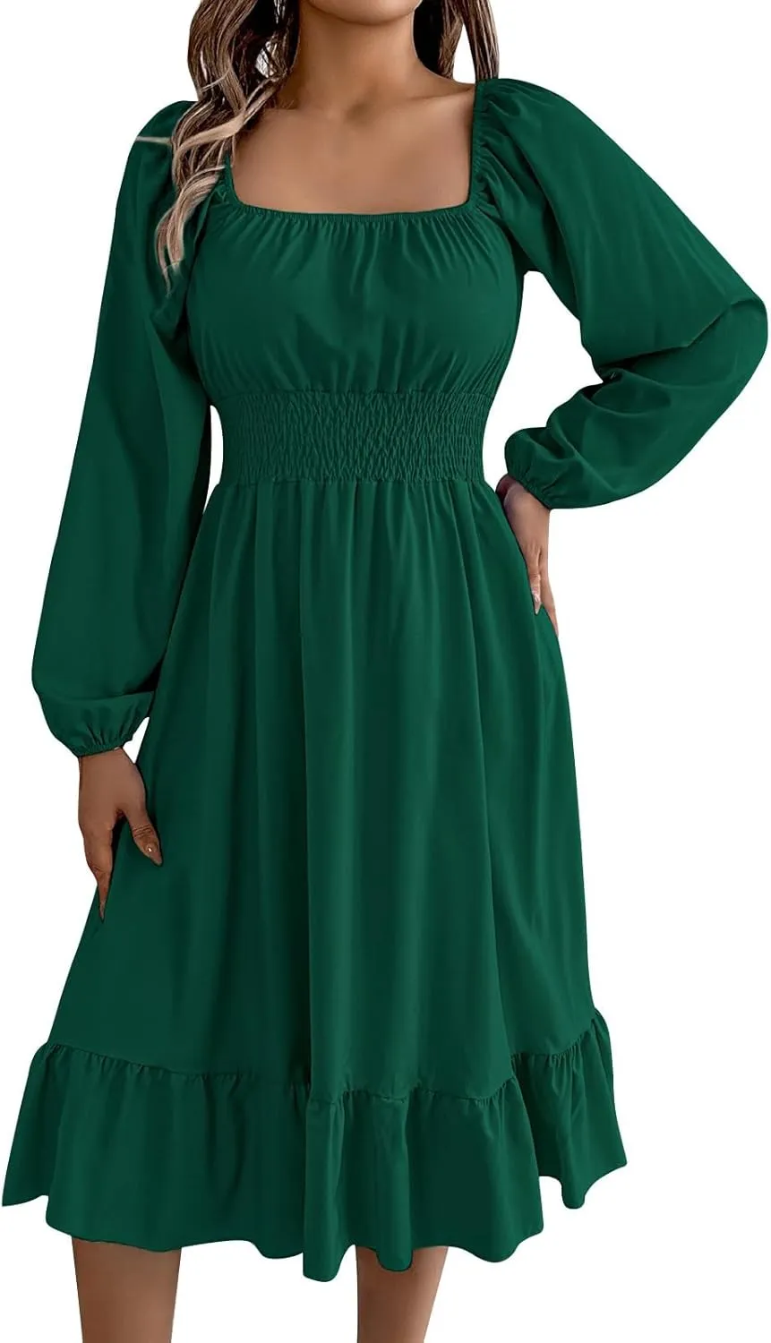 Women's 2025 Summer Casual Midi Dress Lantern Long Sleeve Square Neck Smocked Waist Ruffle Hem A-Line Flowy Dresses