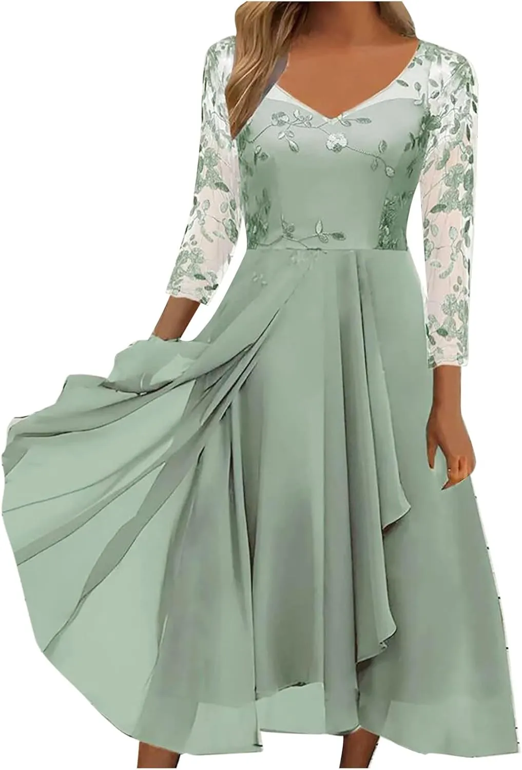 Women's A Line Chiffon Lace Mother of The Bride Dress Long Formal Evening Gown with Long Sleeves Graduation Prom Dress