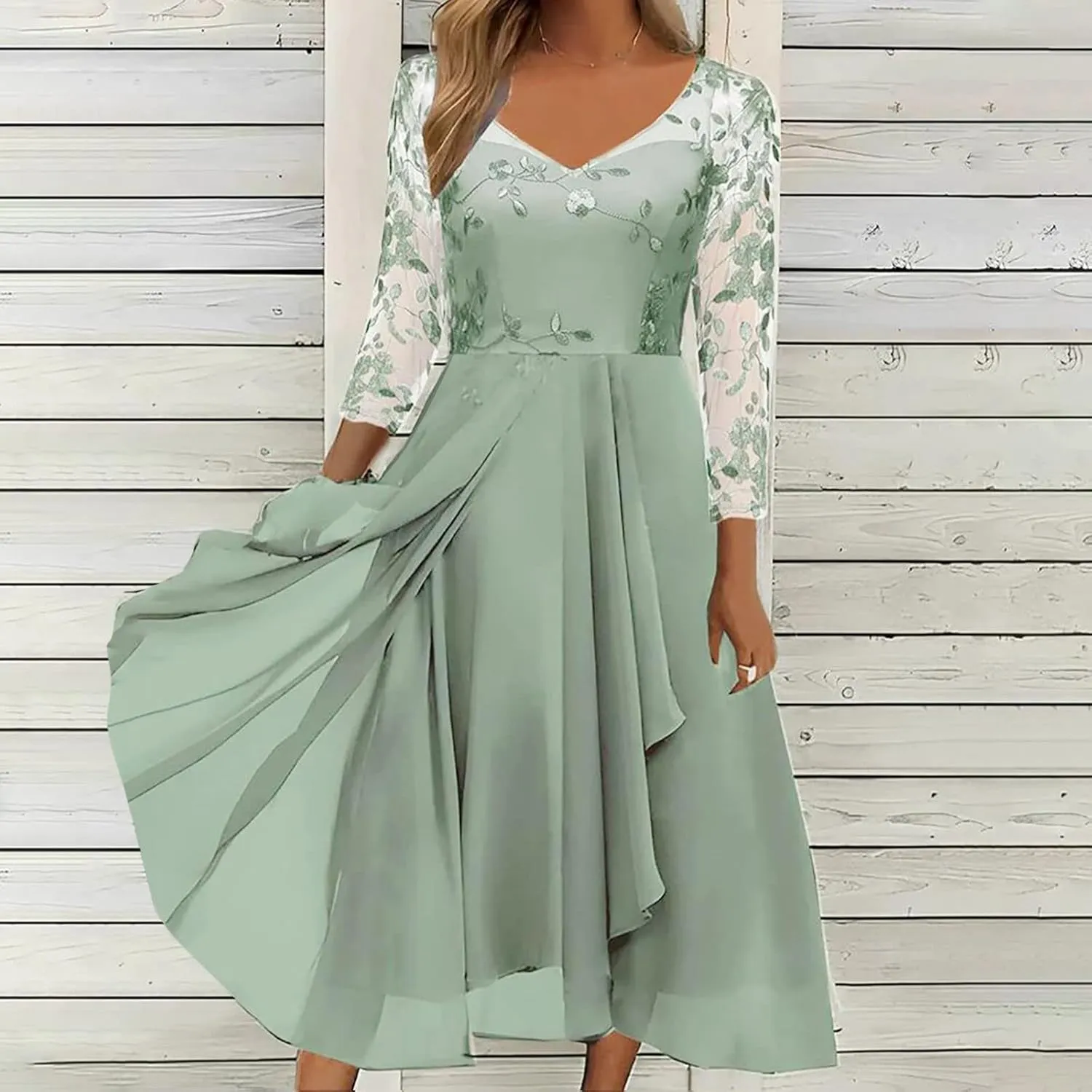 Women's A Line Chiffon Lace Mother of The Bride Dress Long Formal Evening Gown with Long Sleeves Graduation Prom Dress