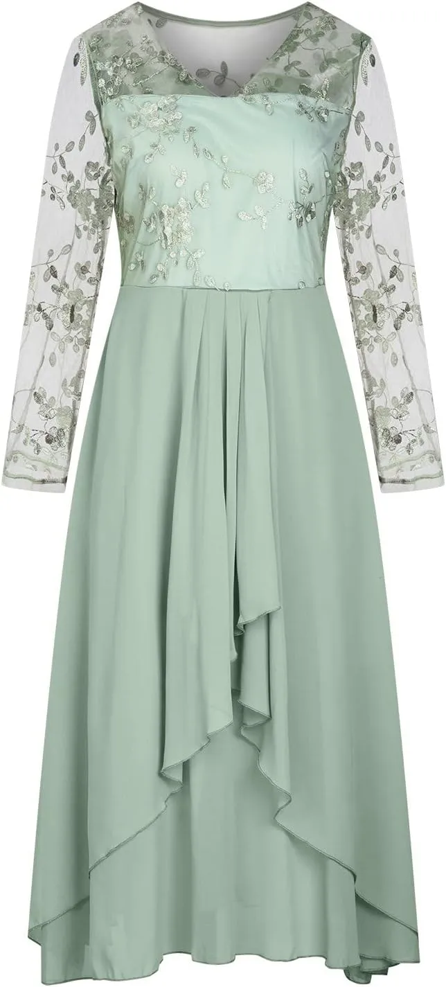 Women's A Line Chiffon Lace Mother of The Bride Dress Long Formal Evening Gown with Long Sleeves Graduation Prom Dress