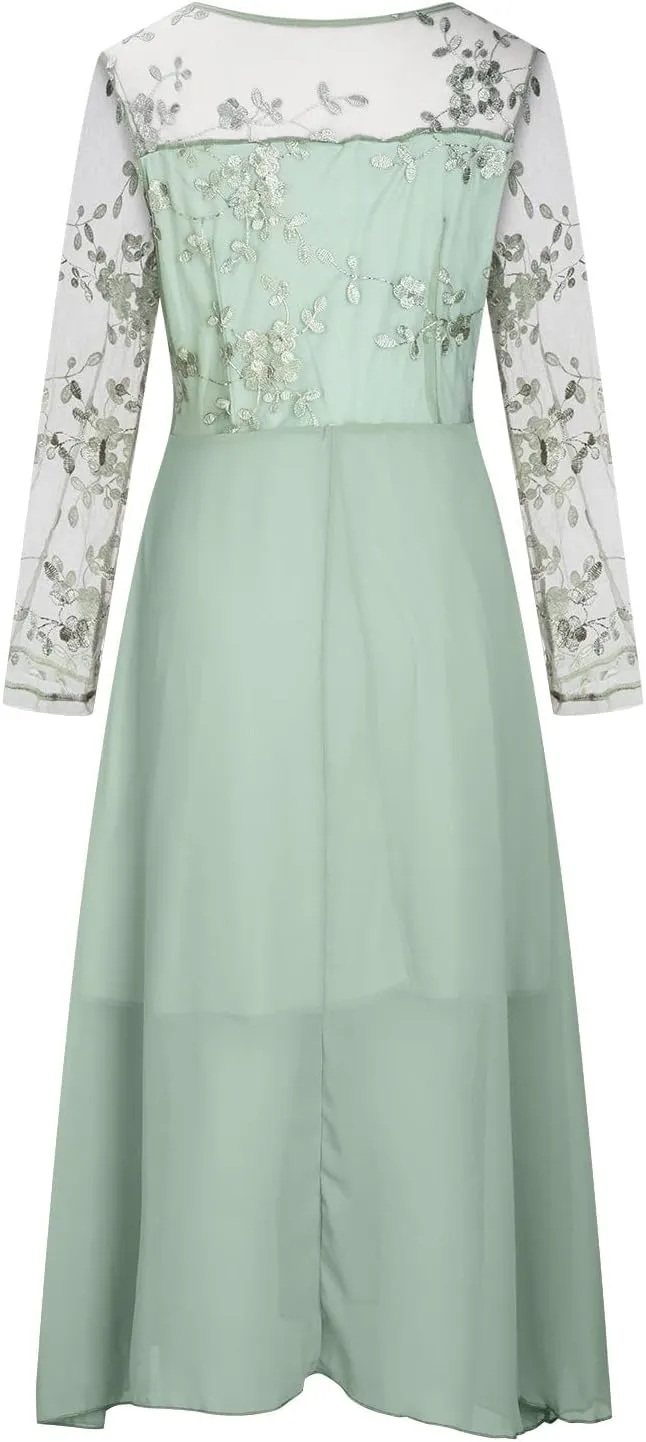 Women's A Line Chiffon Lace Mother of The Bride Dress Long Formal Evening Gown with Long Sleeves Graduation Prom Dress