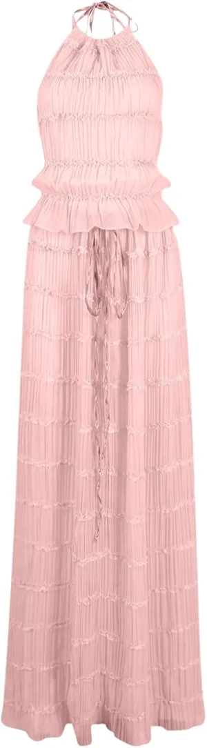 Women's Adjustable Backless Tie Halter Tank Top and Pleated Retro Drawstring Long Maxi Skirts Tiered Ruffle Skirt Sets