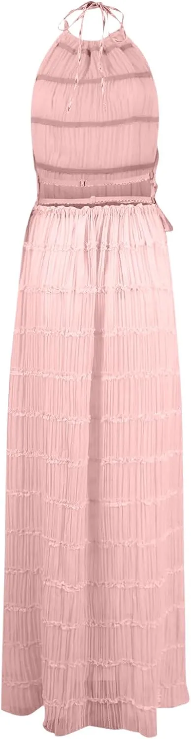 Women's Adjustable Backless Tie Halter Tank Top and Pleated Retro Drawstring Long Maxi Skirts Tiered Ruffle Skirt Sets