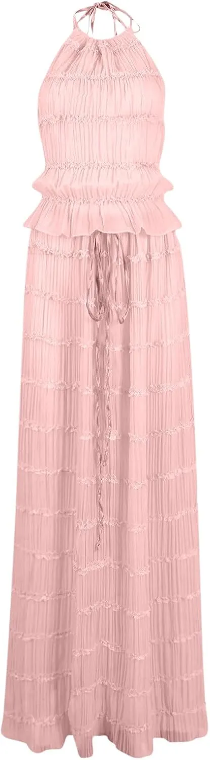Women's Adjustable Backless Tie Halter Tank Top and Pleated Retro Drawstring Long Maxi Skirts Tiered Ruffle Skirt Sets