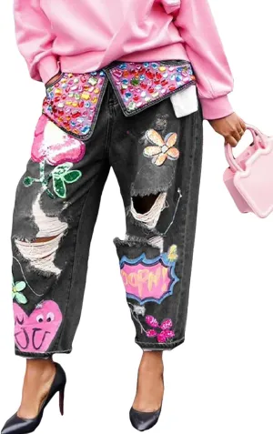 Women's Barrel Jeans Wide Leg High Waist Rhinestone Floral Horseshoe Ripped Baggy Cropped Jeans Denim Pants
