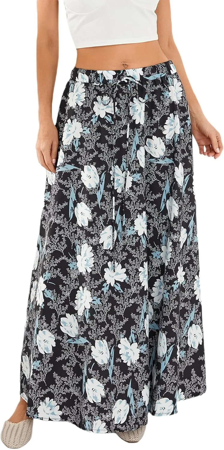 Women's Boho Flowy Maxi Skirt Summer Pleated High Waisted Casual Long Skirts with Pockets
