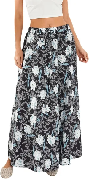 Women's Boho Flowy Maxi Skirt Summer Pleated High Waisted Casual Long Skirts with Pockets