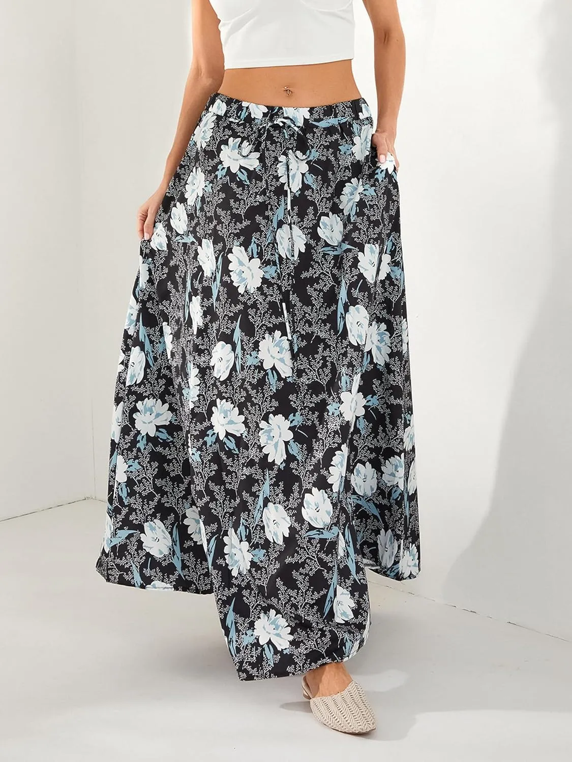 Women's Boho Flowy Maxi Skirt Summer Pleated High Waisted Casual Long Skirts with Pockets
