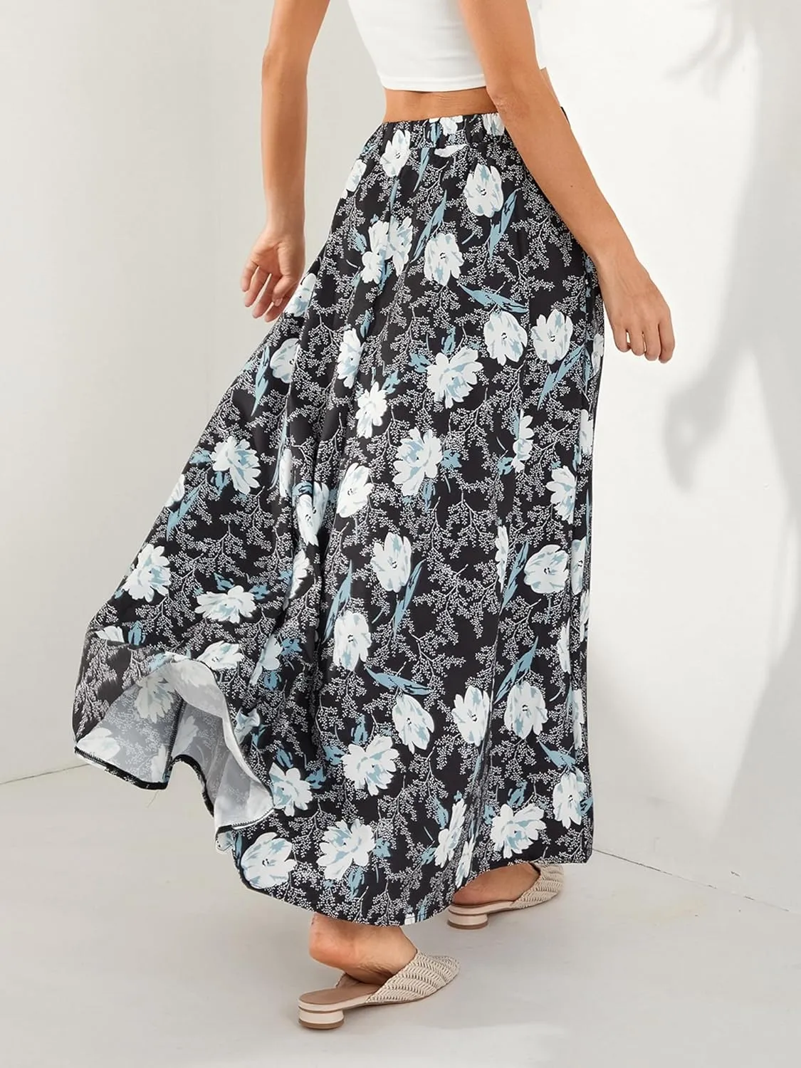 Women's Boho Flowy Maxi Skirt Summer Pleated High Waisted Casual Long Skirts with Pockets