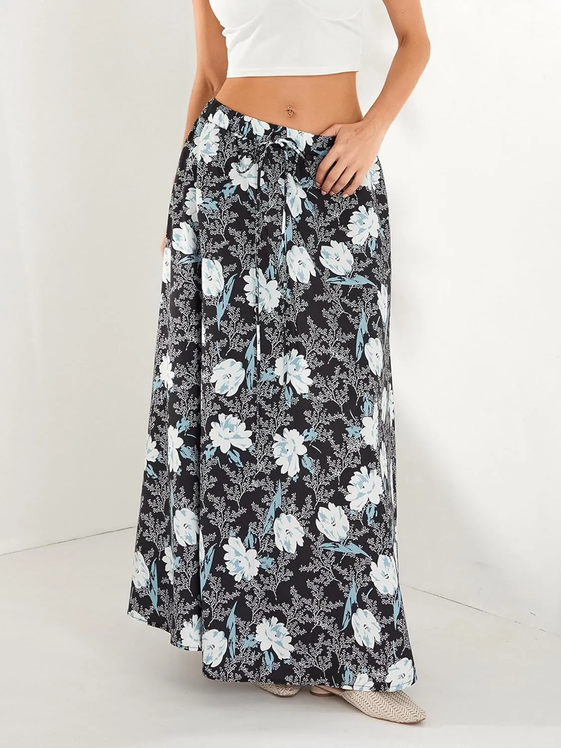 Women's Boho Flowy Maxi Skirt Summer Pleated High Waisted Casual Long Skirts with Pockets