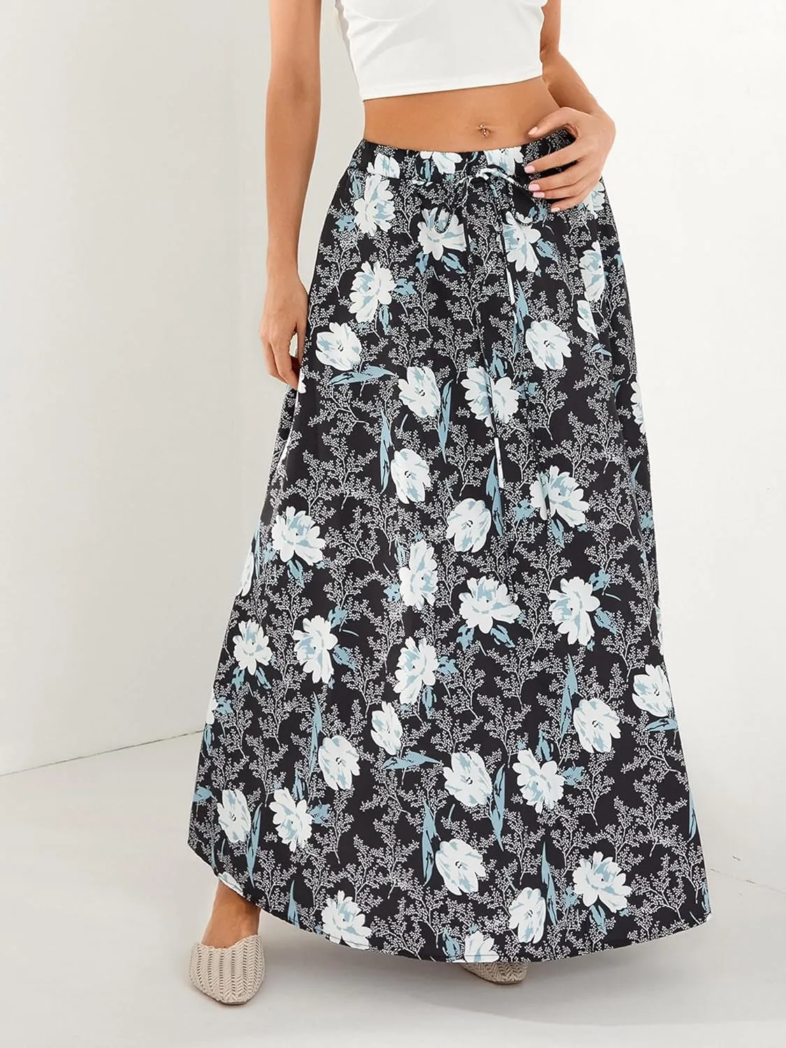 Women's Boho Flowy Maxi Skirt Summer Pleated High Waisted Casual Long Skirts with Pockets