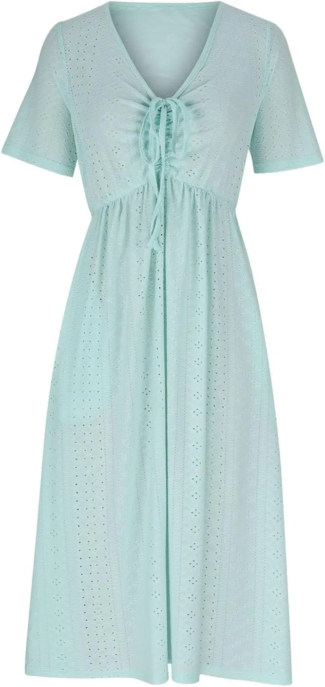Womens Boho Midi Dress Short Sleeve Lace Up V Neck Eyelet Dresses Summer Beach Casual Cover Up Sundress with Pockets
