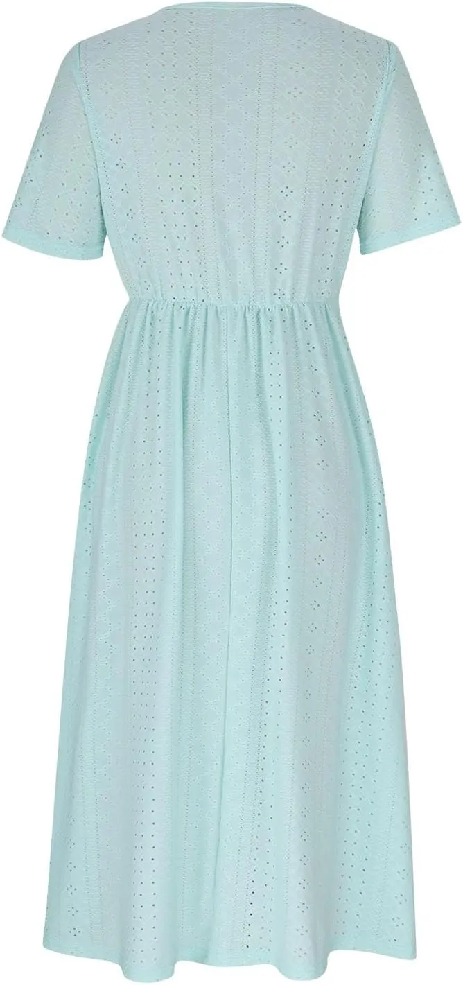 Womens Boho Midi Dress Short Sleeve Lace Up V Neck Eyelet Dresses Summer Beach Casual Cover Up Sundress with Pockets