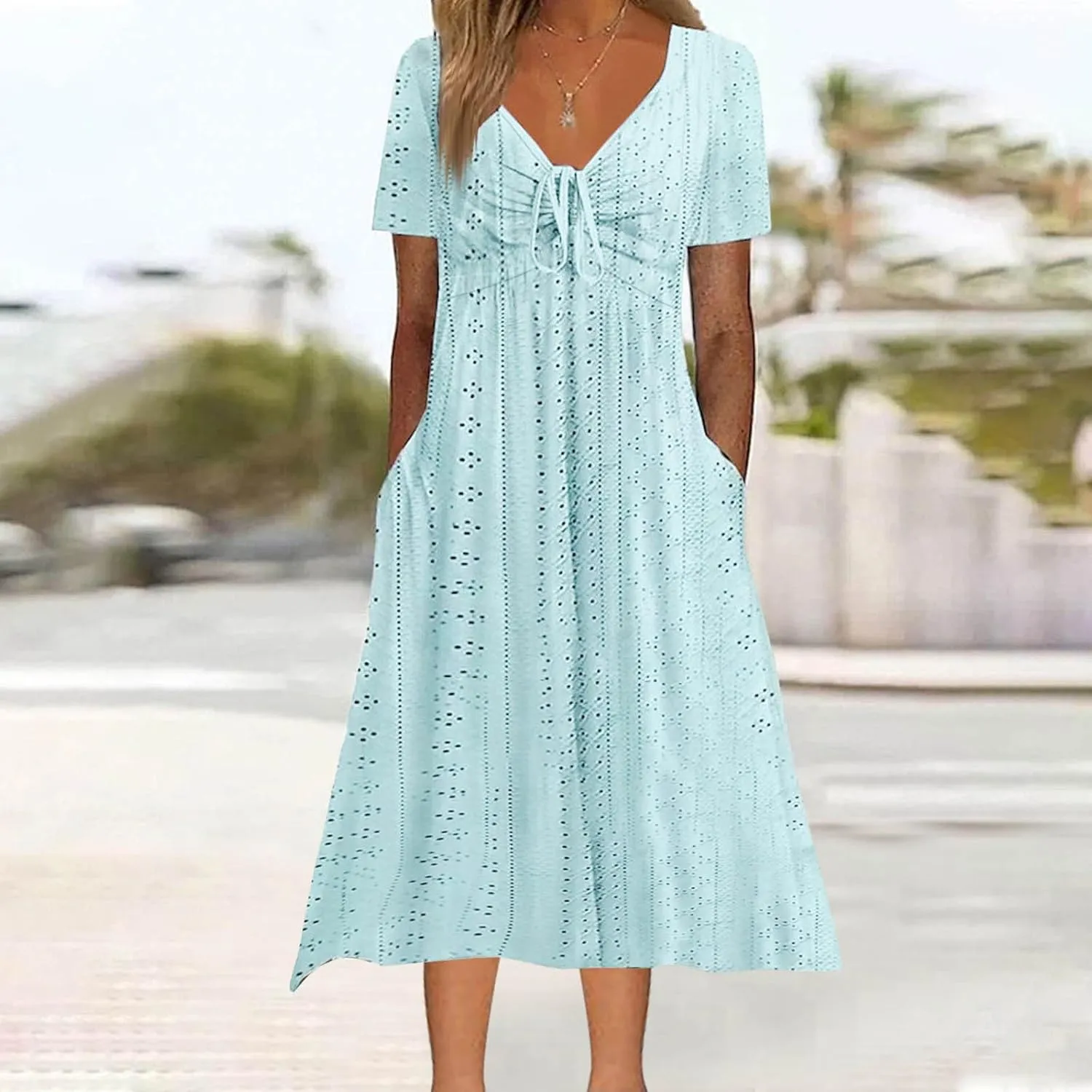 Womens Boho Midi Dress Short Sleeve Lace Up V Neck Eyelet Dresses Summer Beach Casual Cover Up Sundress with Pockets
