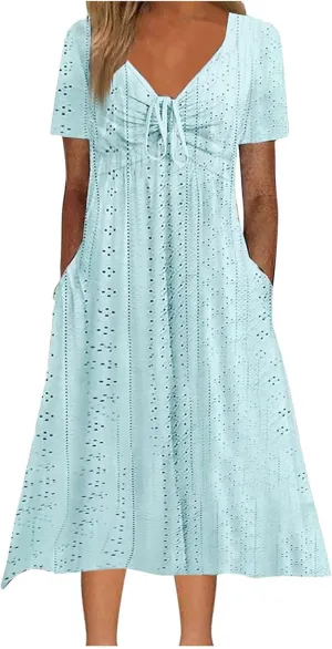 Womens Boho Midi Dress Short Sleeve Lace Up V Neck Eyelet Dresses Summer Beach Casual Cover Up Sundress with Pockets